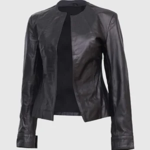 Home collarless leather jacket